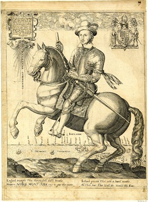 Charles Blount, Duke of Devonshire, mounted on a prancing horse, with a view of St George's Channel and Ireland in the background, cr.1603-6, Thomas Cockson