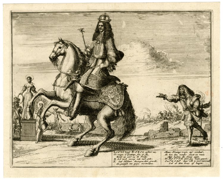 COMPARANDUM: Satire: Louis XIV, holding out coins, runs after Charles II who holds the sceptre of peace and rides a prancing horse, 1670-80, Romeyn de Hooghe, Netherlands